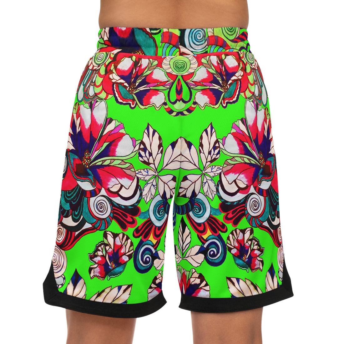 Neon Green Graphic Floral Basketball Rib Shorts (AOP)