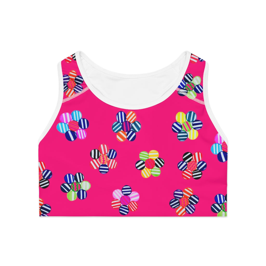 hot pink geometric flowers sports bra 