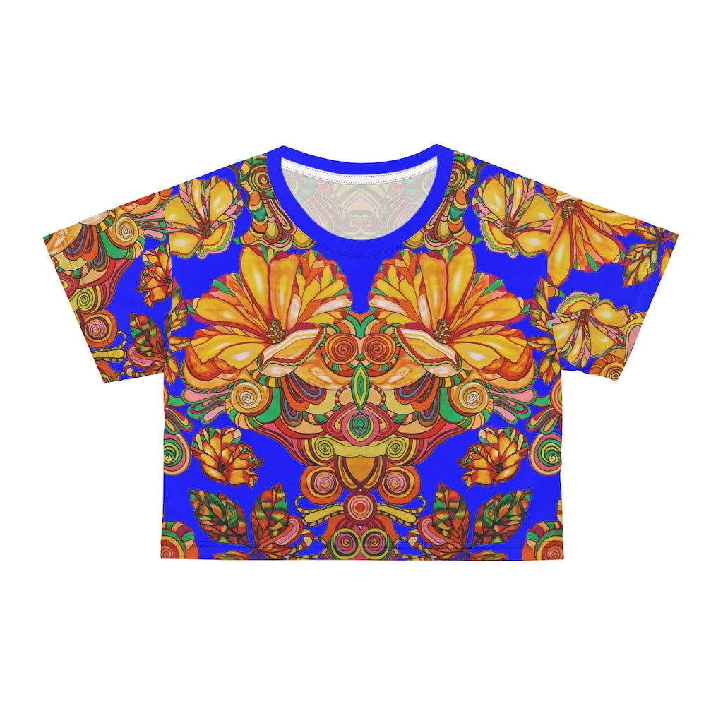 electric blue graphic floral print crop t-shirt