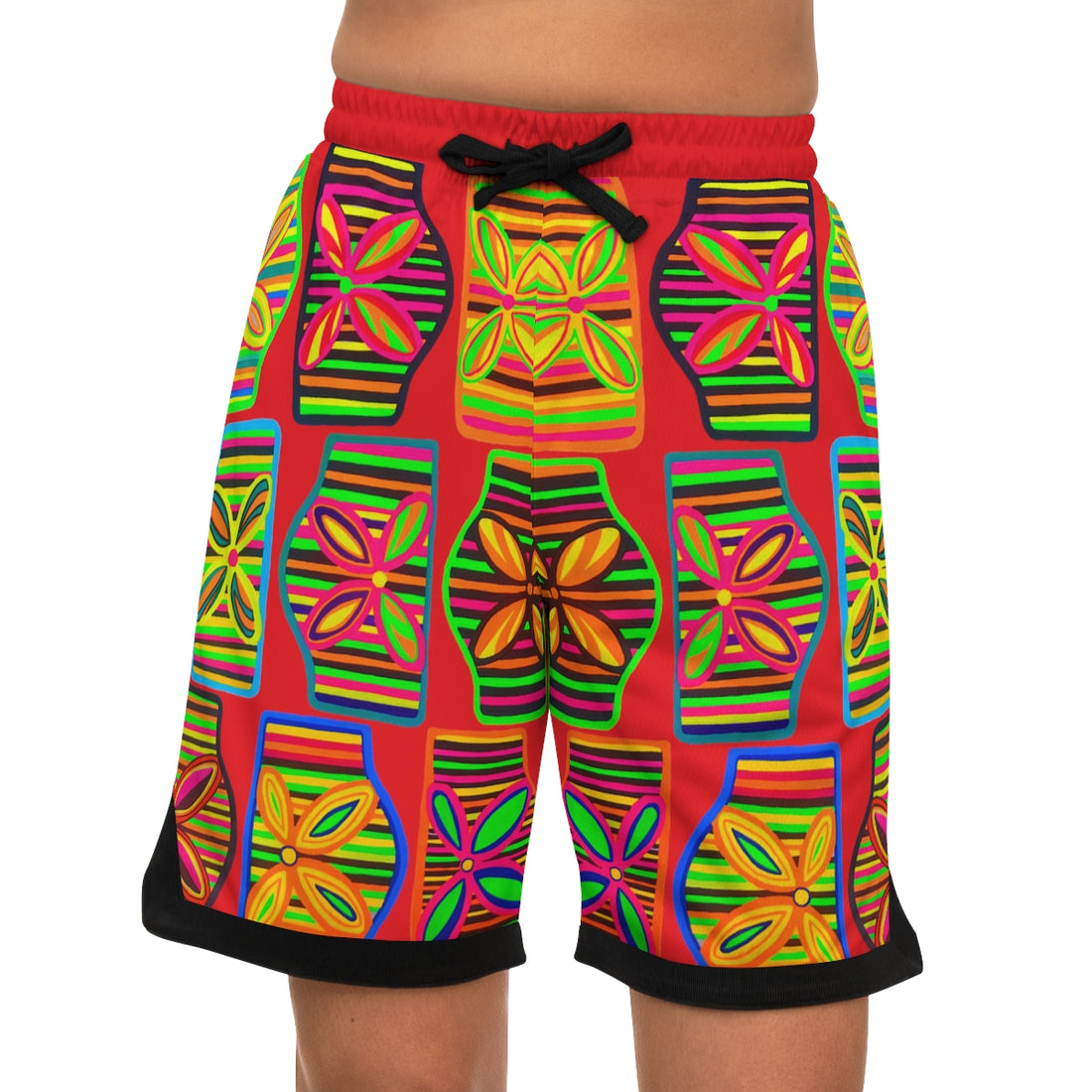 Red Deco Print Basketball Rib Shorts (AOP)