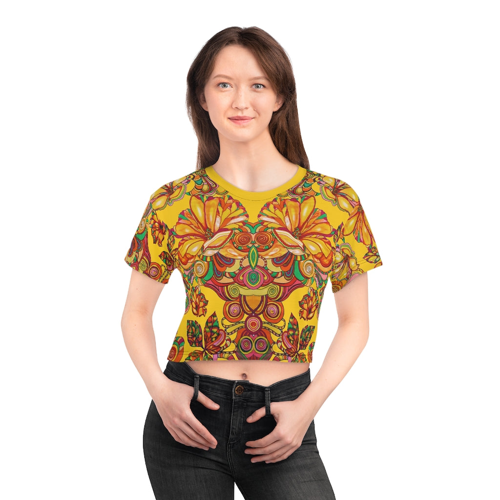 yellow graphic floral print crop t-shirt