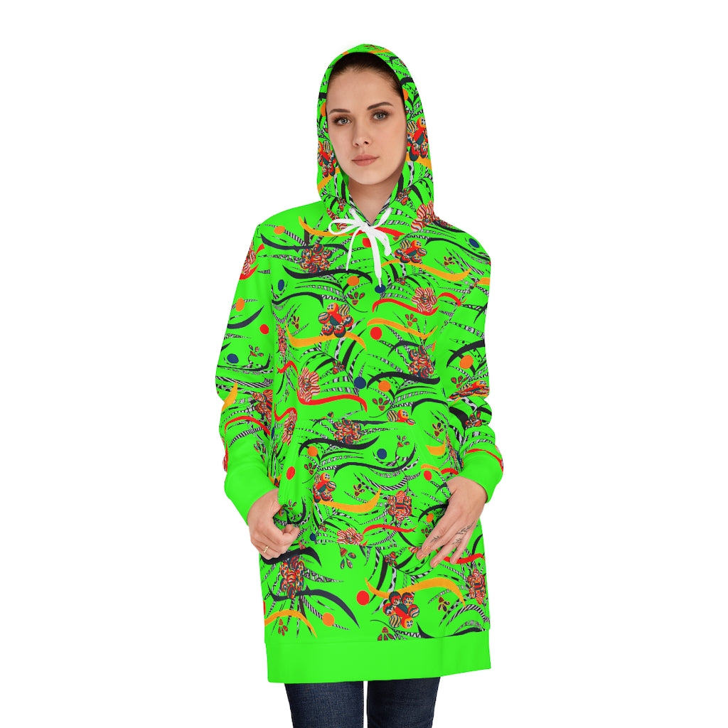 neon green animal & floral print hoodie dress 