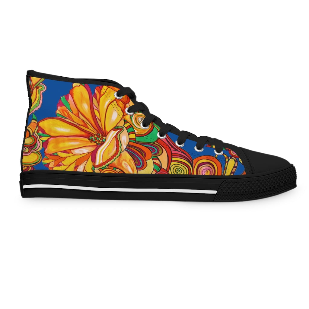 royal blue floral print canvas high top sneakers for women