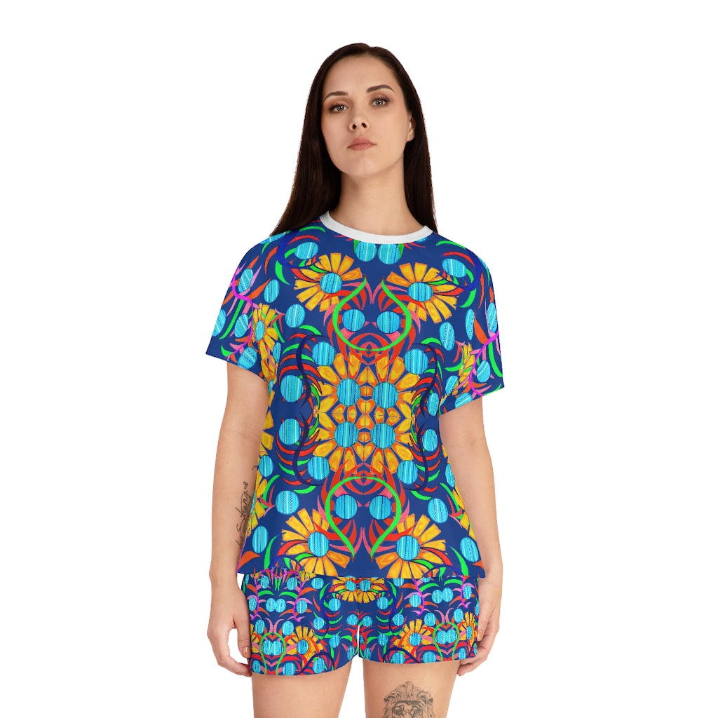 Blue Sunflower Short Pajama Set (AOP)