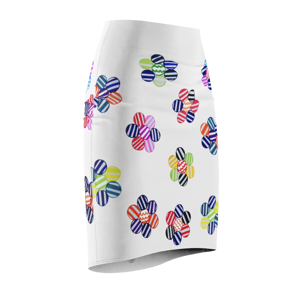 White Candy Florals Print Pencil Skirt