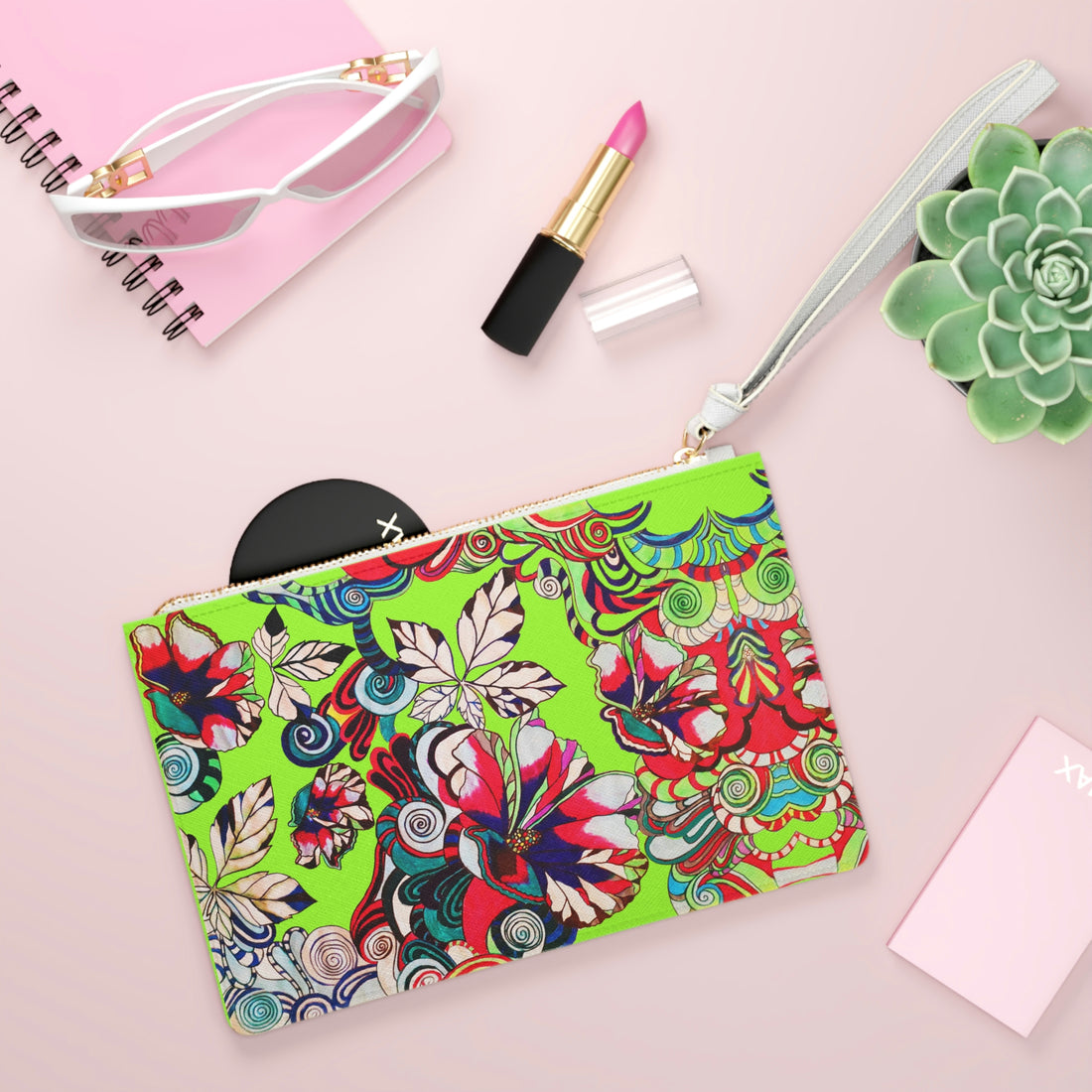 lime green graphic floral print clutch bag