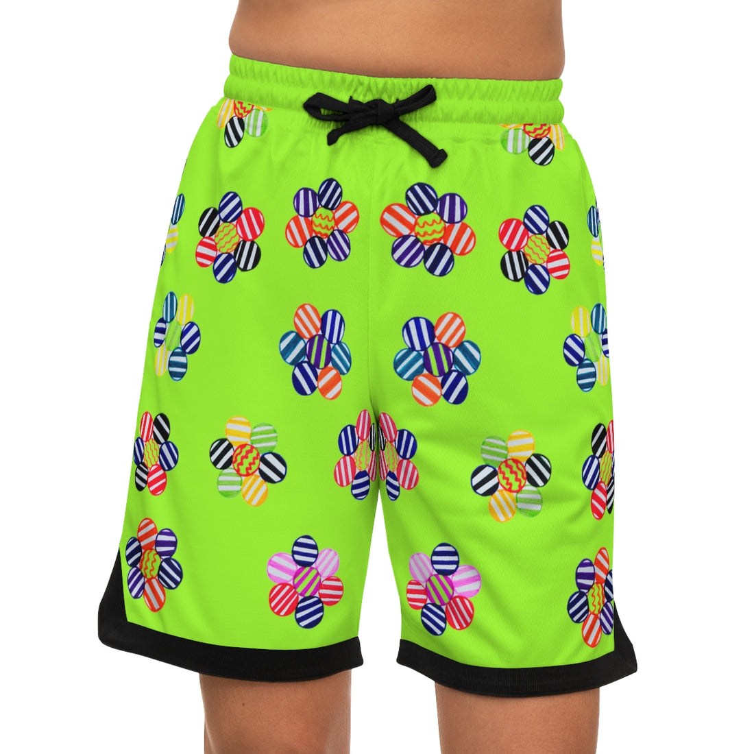 Lime Green Geo Floral Basketball Rib Shorts (AOP)