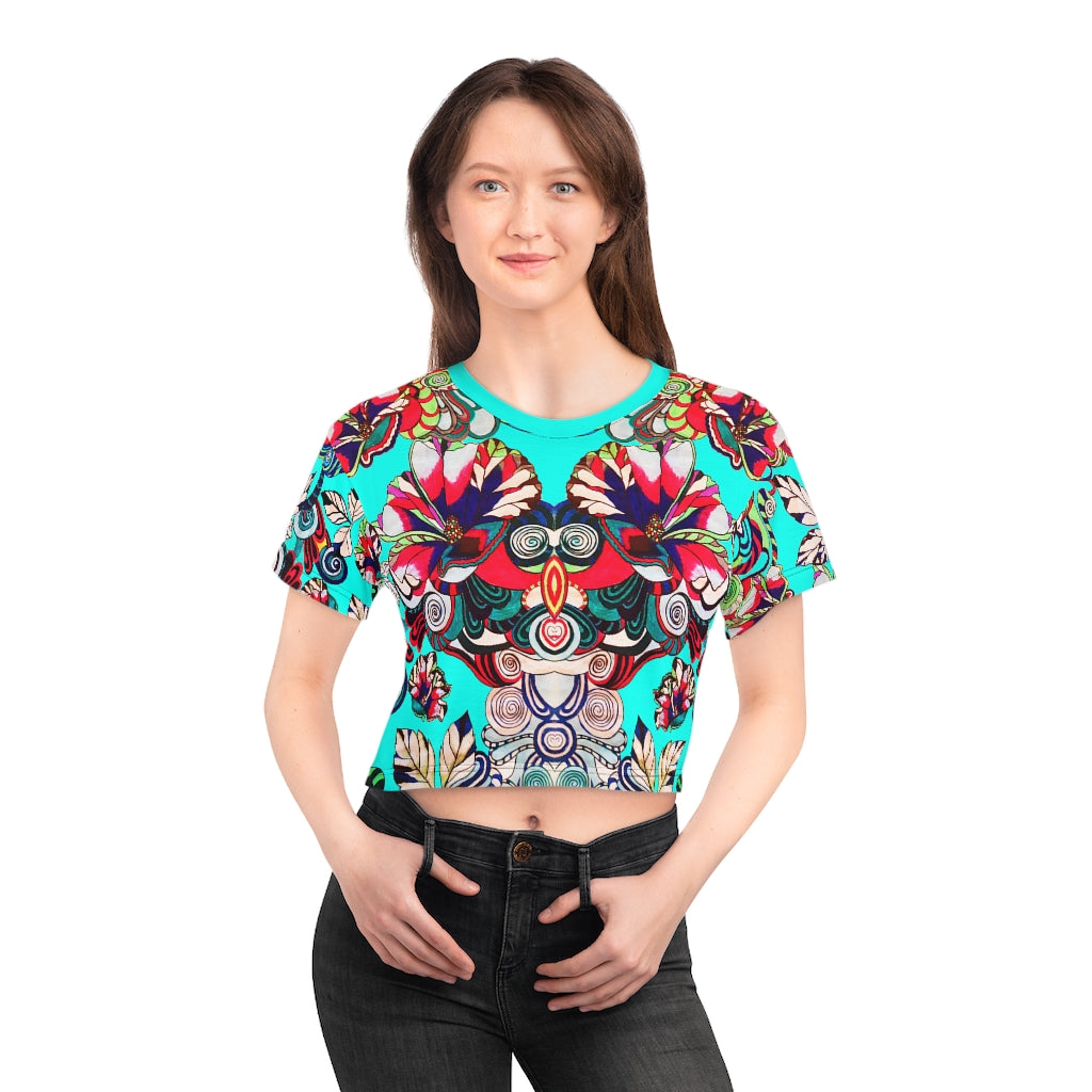 cyan graphic floral cropped tee