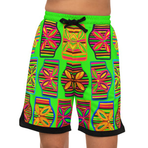 Neon Green Art Deco Print Basketball Rib Shorts (AOP)