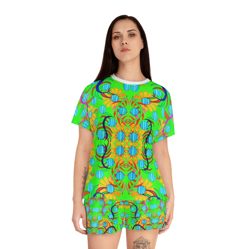 Neon Green Sunflower Short Pajama Set (AOP)