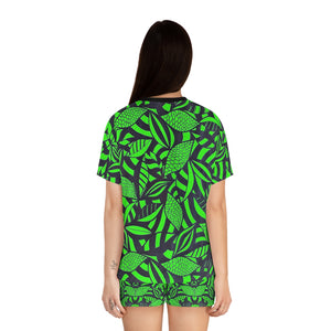 Neon Green Tropical Minimalist Short Pajama Set (AOP)