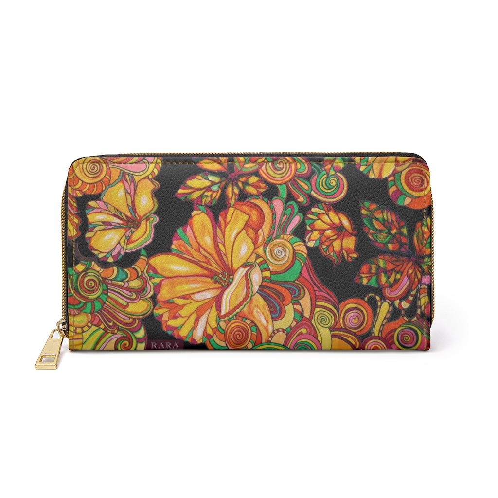 Black Artsy Floral Zipper Wallet