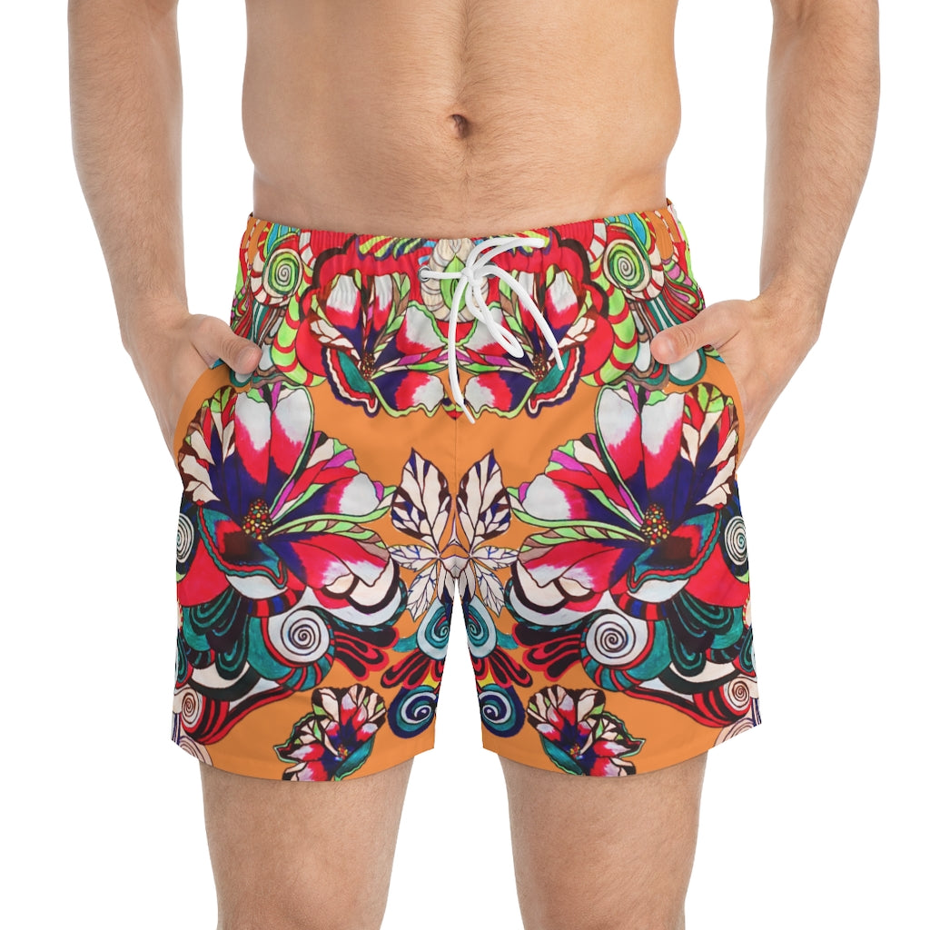 Peach Graphic Floral Pop Men's Swimming Trunks