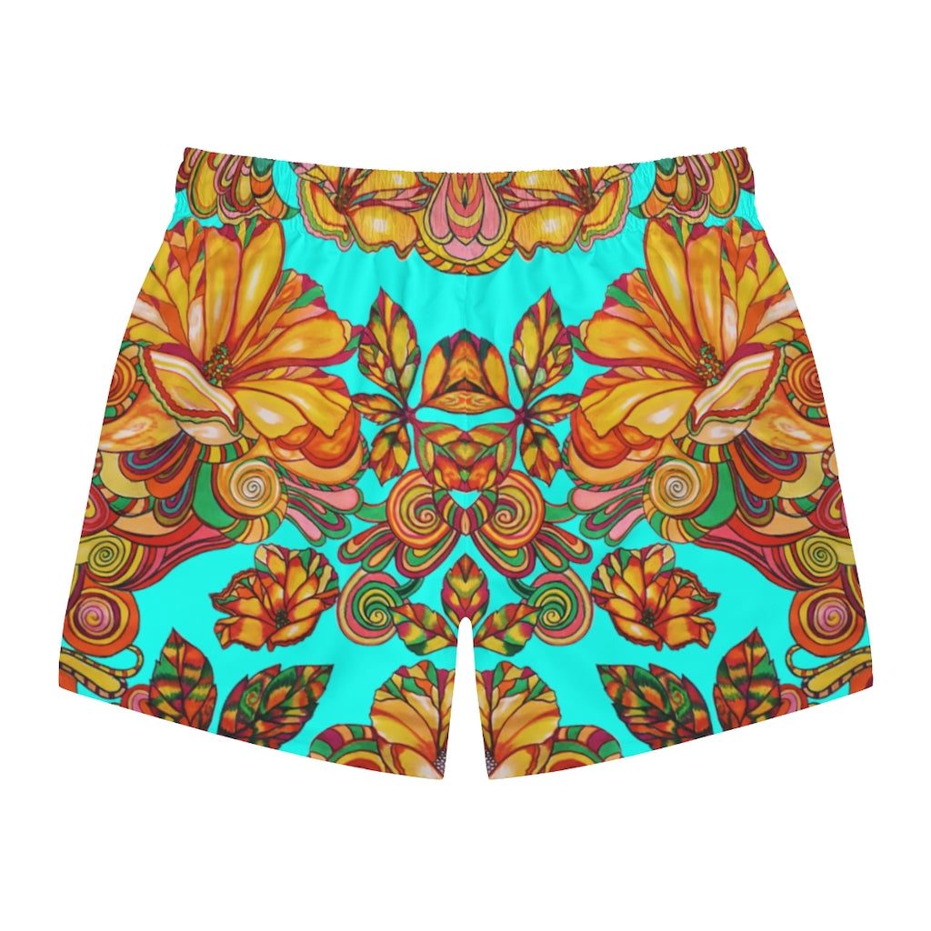 Artsy Floral Men's Cyan Swimming Trunks