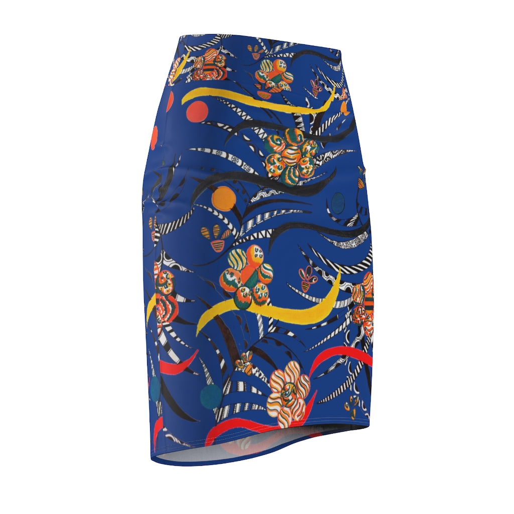 blue floral & animal print pencil skirt