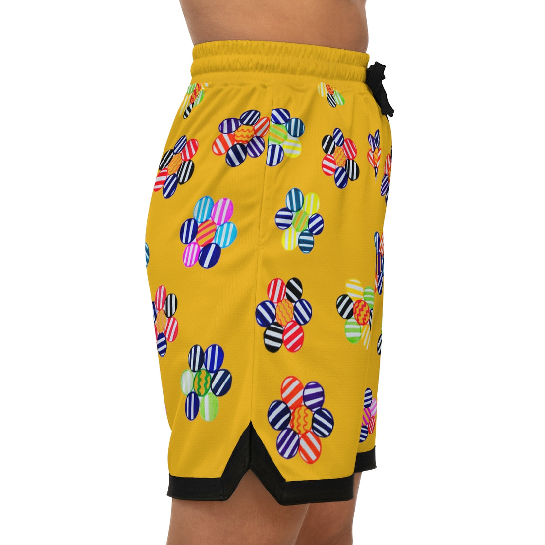 yellow geometric floral print basketball shorts for men