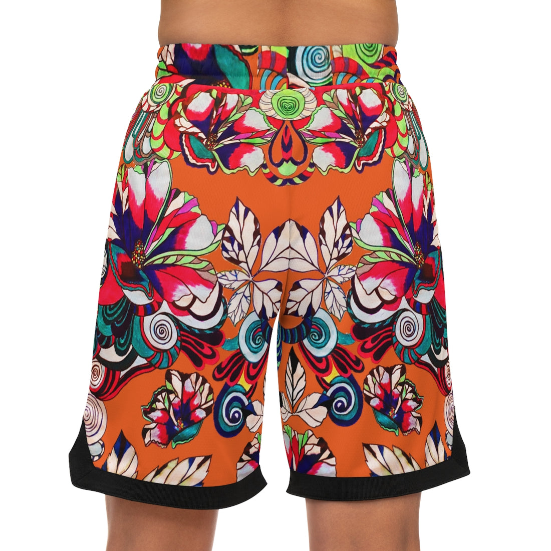 Orange Graphic Floral Basketball Rib Shorts (AOP)