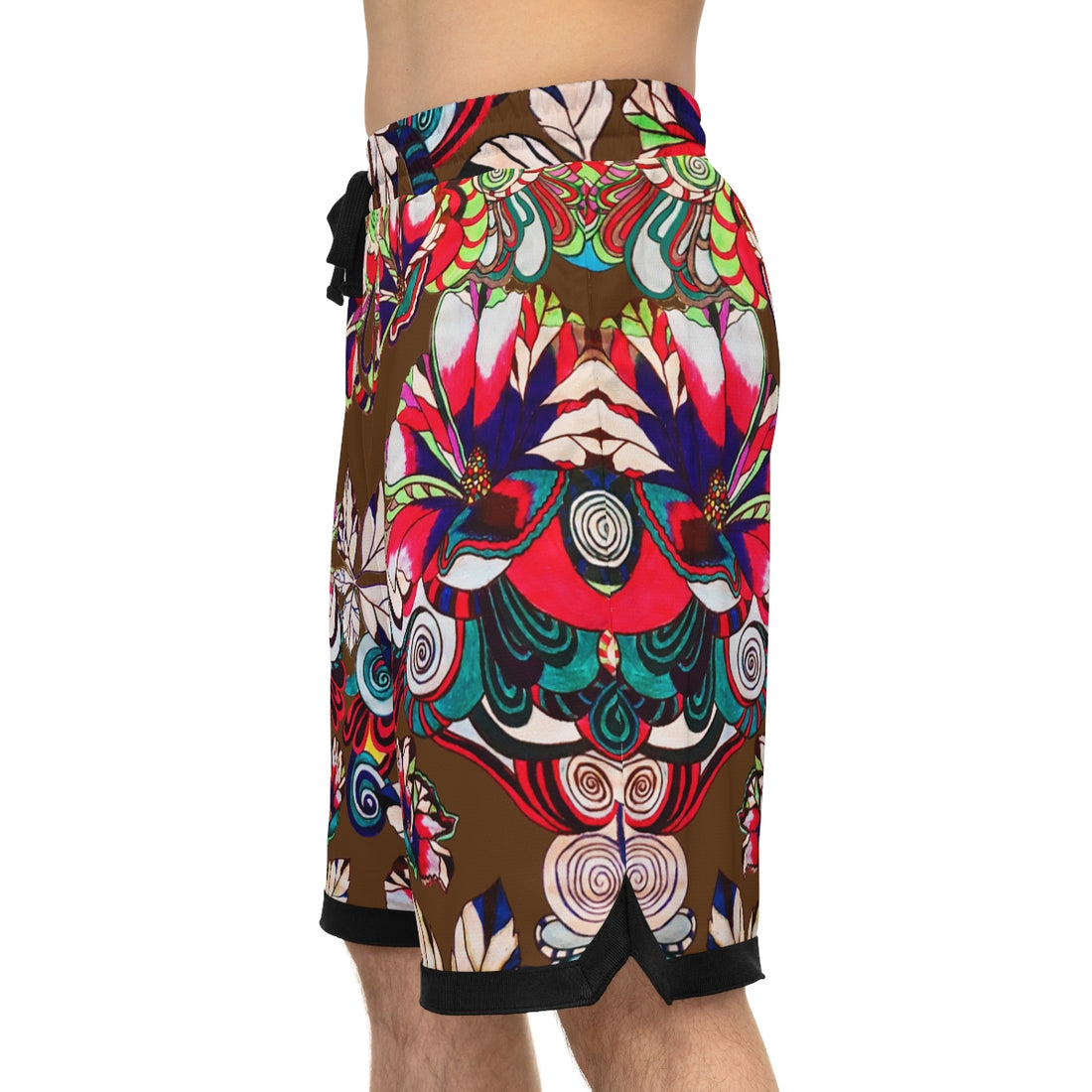 Brown Graphic Floral Basketball Rib Shorts (AOP)