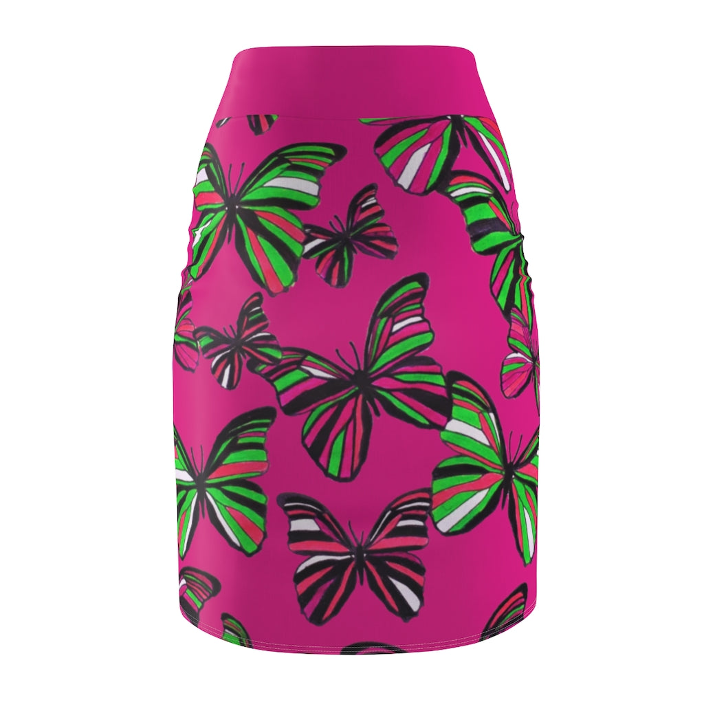 Hot Pink Butterflies Pencil Skirt