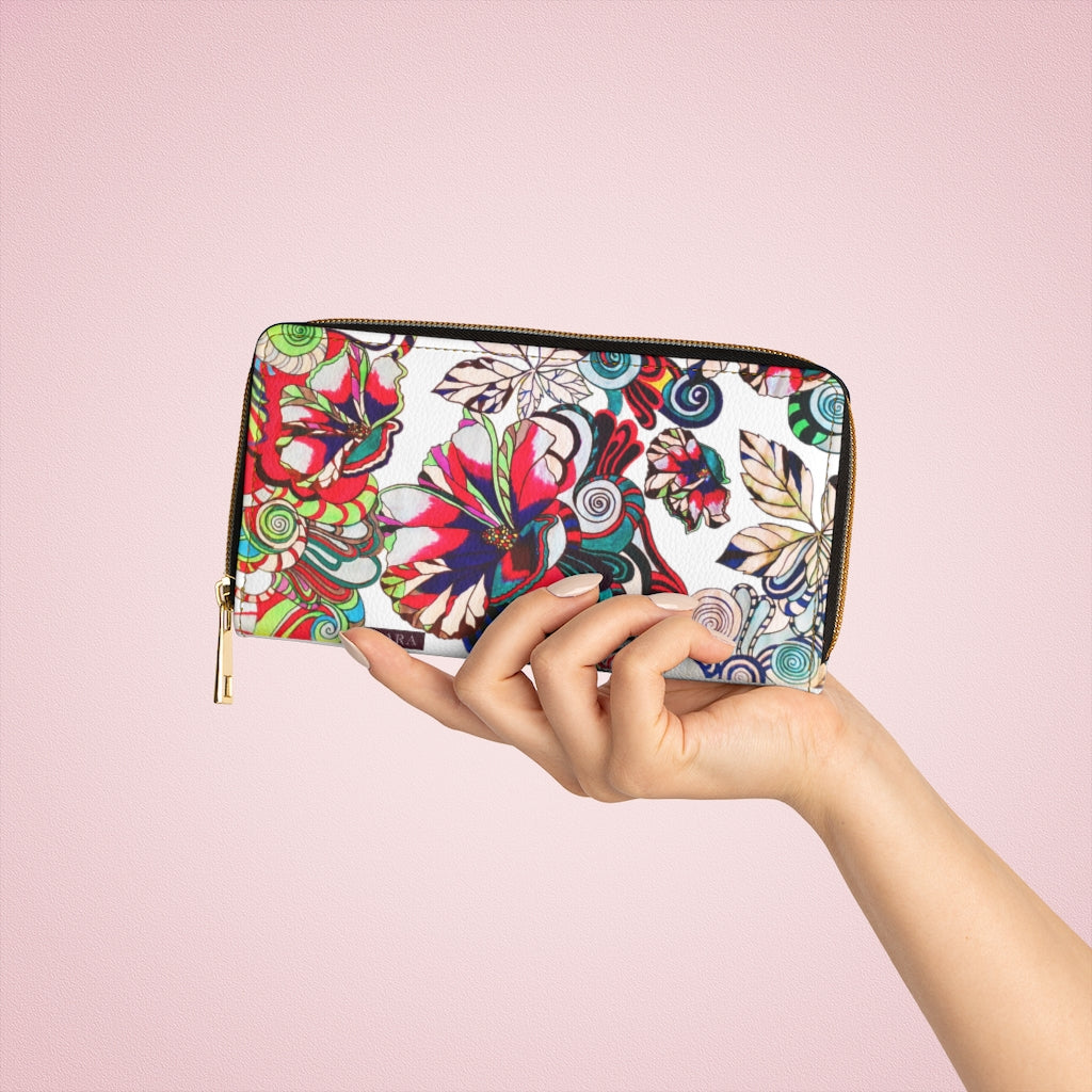 white graphic floral clutch