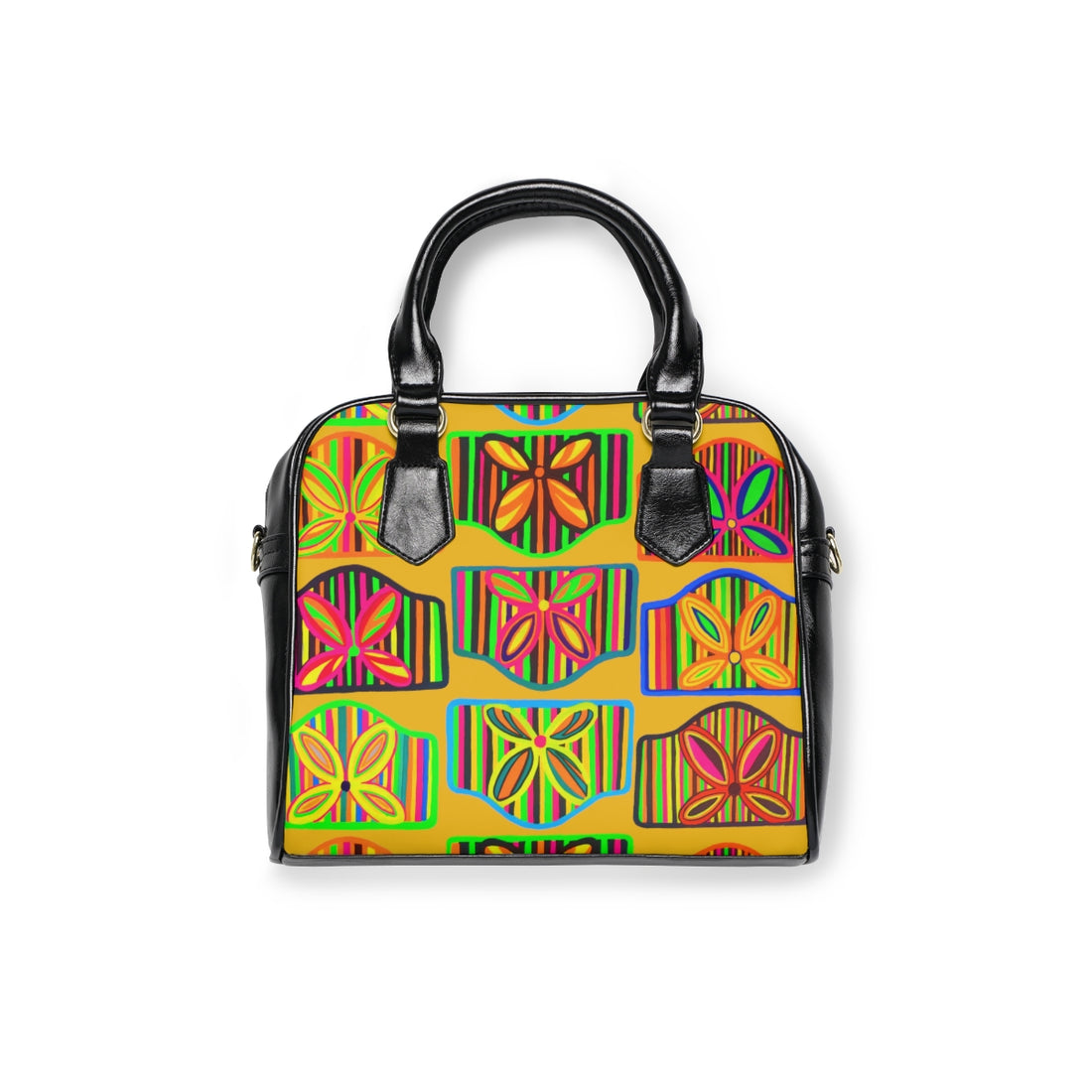 yellow art deco print pu leather handbag