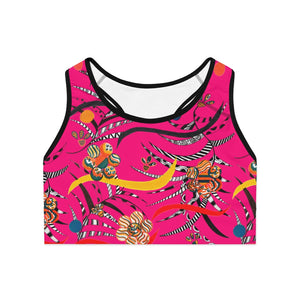 hot pink animal & floral print sports bra  