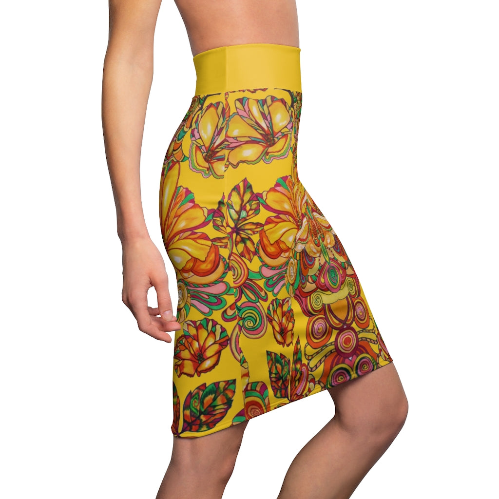 Artsy Floral Yellow Pencil Skirt