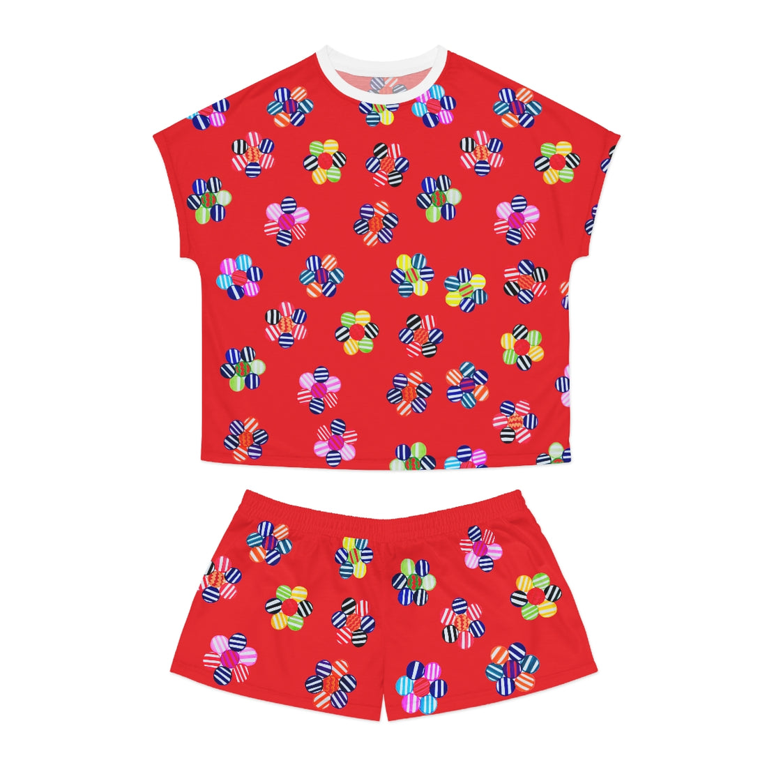 red geometric floral shorts & t-shirt pajama set