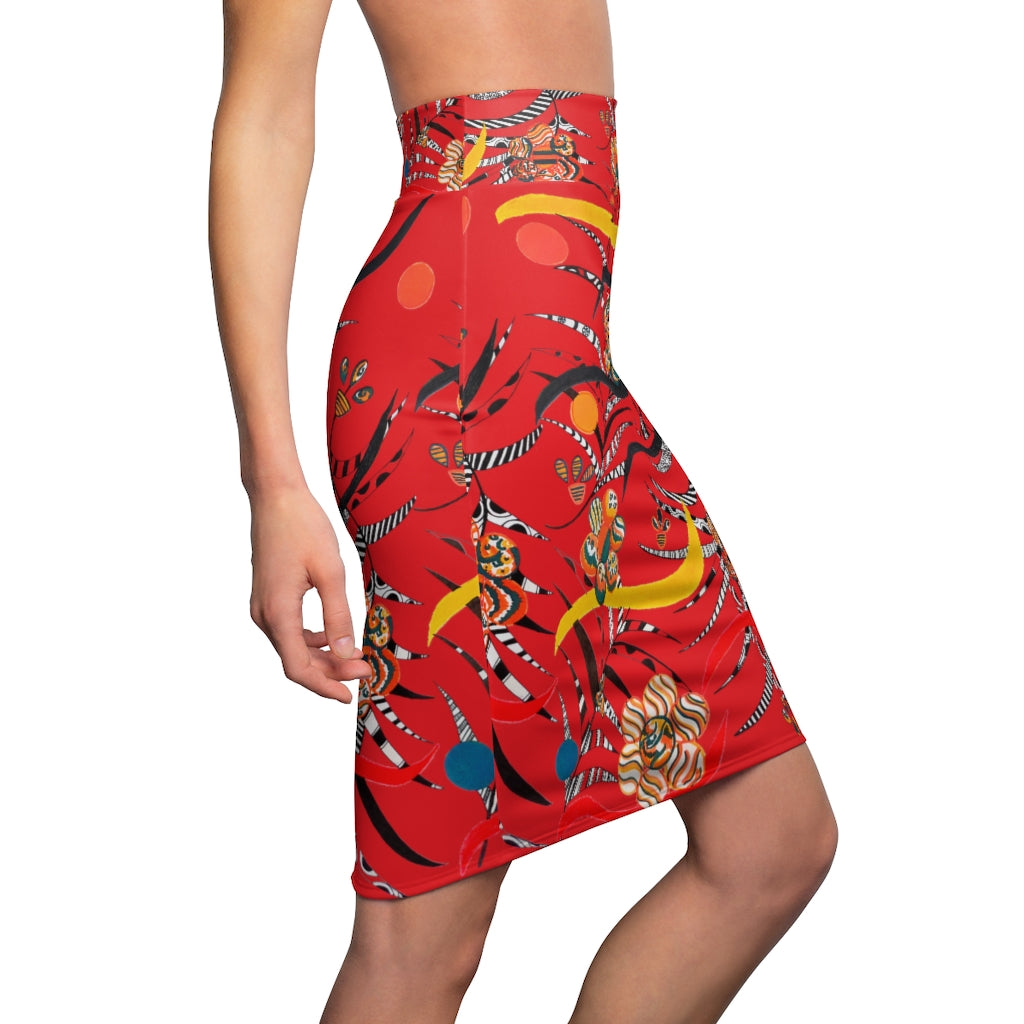 Red Wilderness Print Pencil Skirt