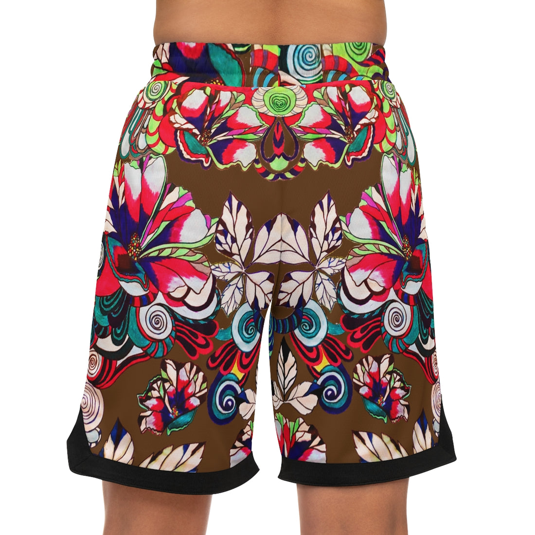 Brown Graphic Floral Basketball Rib Shorts (AOP)