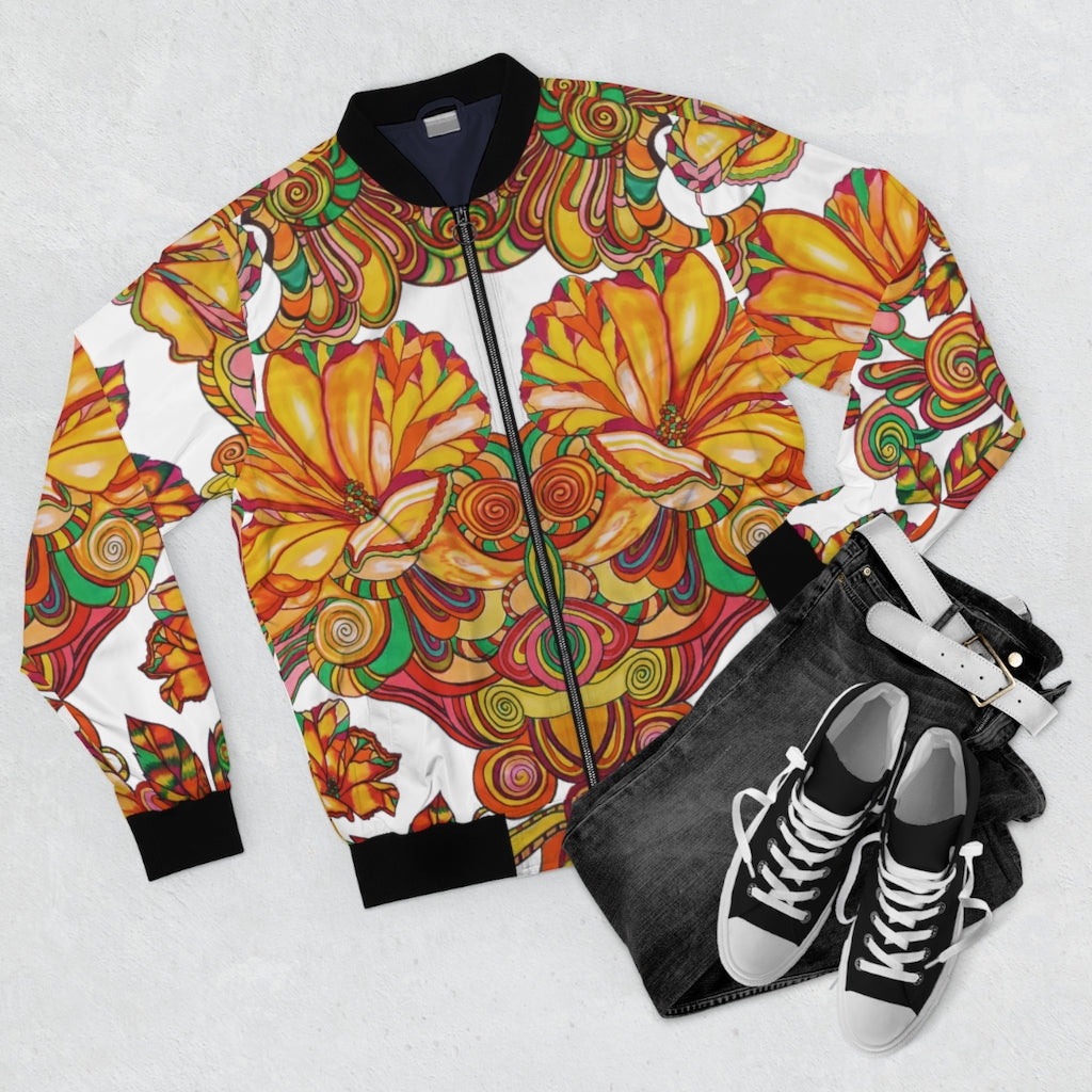 Men's white artsy floral printed bomber jacket