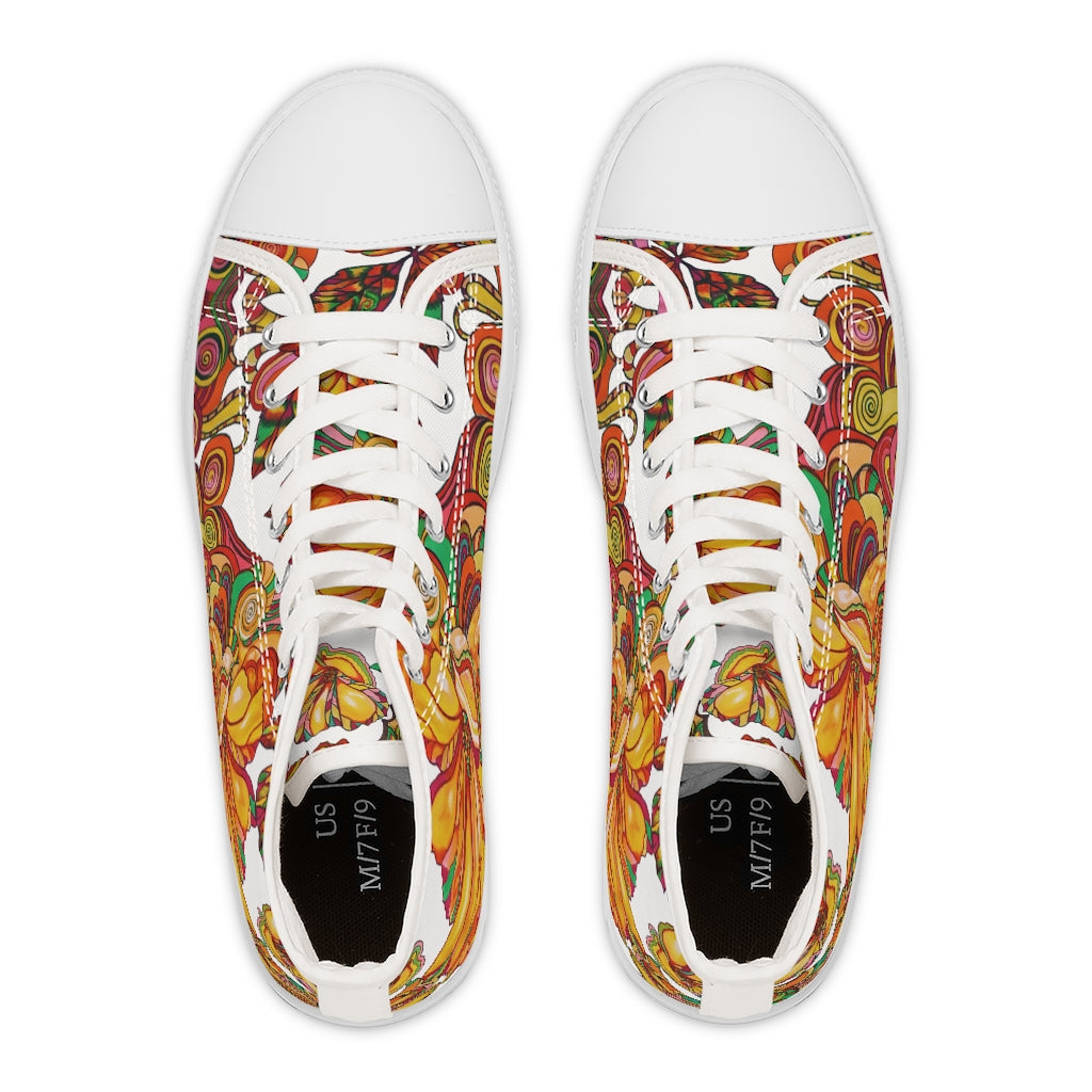 white floral print canvas high top sneakers for women