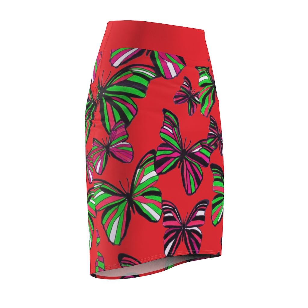 Red Butterflies Pencil Skirt