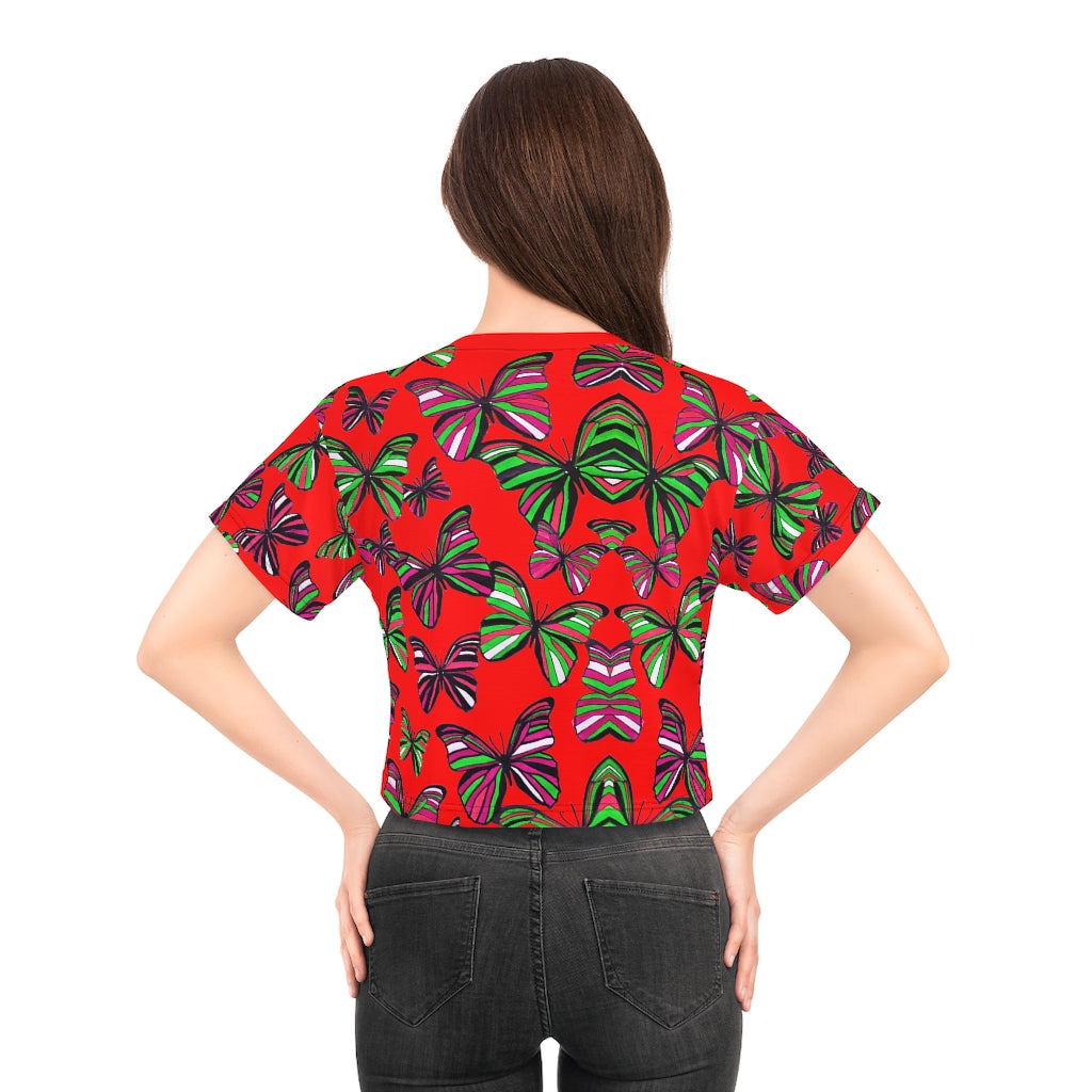 Red Butterfly AOP Crop Tee