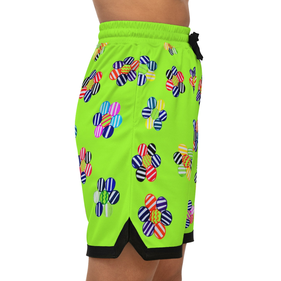 Lime Green Geo Floral Basketball Rib Shorts (AOP)