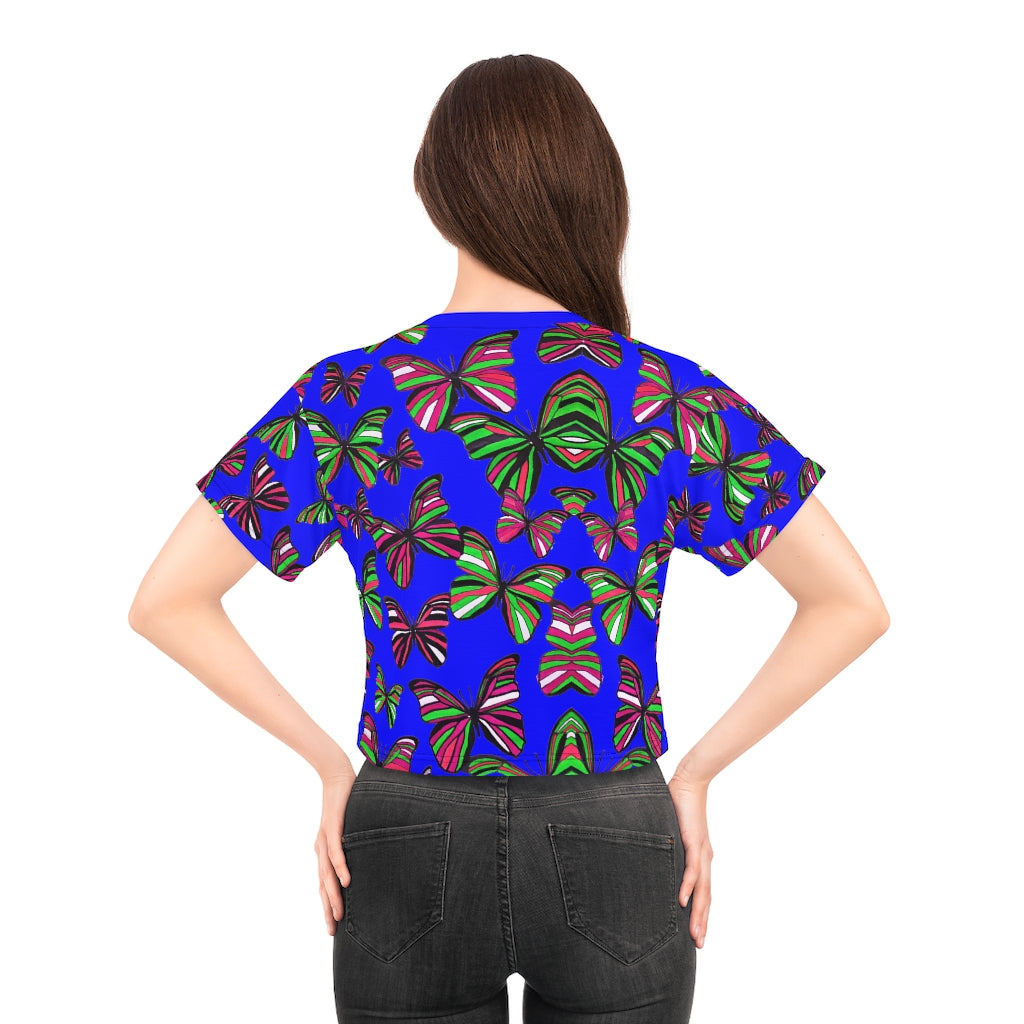 electric blue butterfly print crop t-shirt