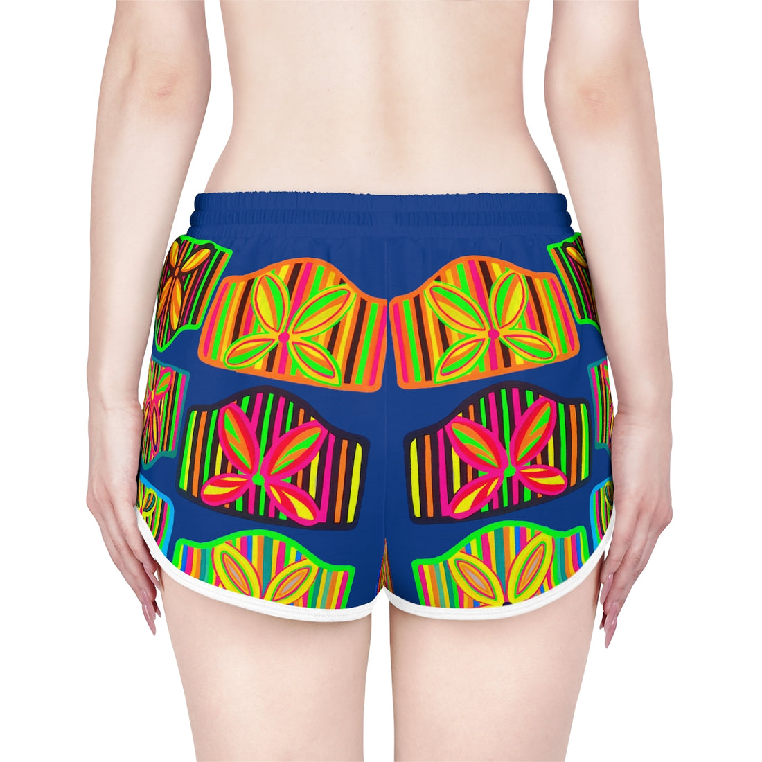 blue art deco print relaxed gym shorts for women