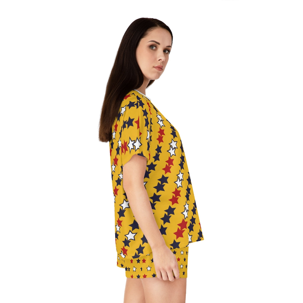 Yellow Star Print Short Pajama Set (AOP)