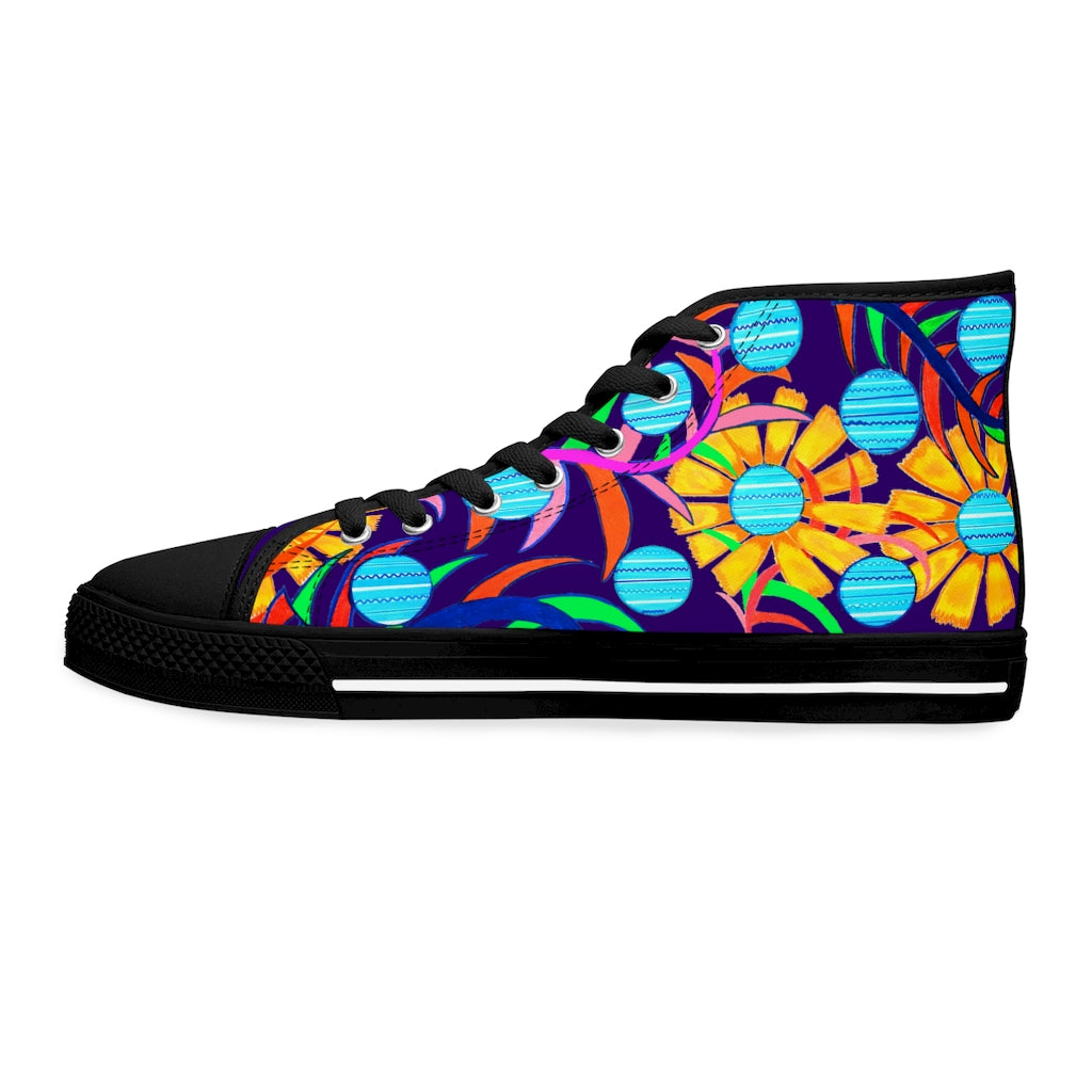 violet sunflower print print women's hightop canvas sneakers 