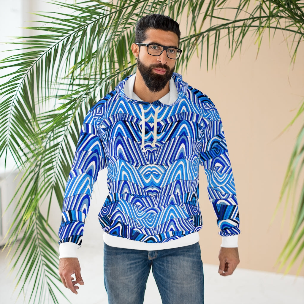 white & blue psychedelic print unisex pullover hoodie