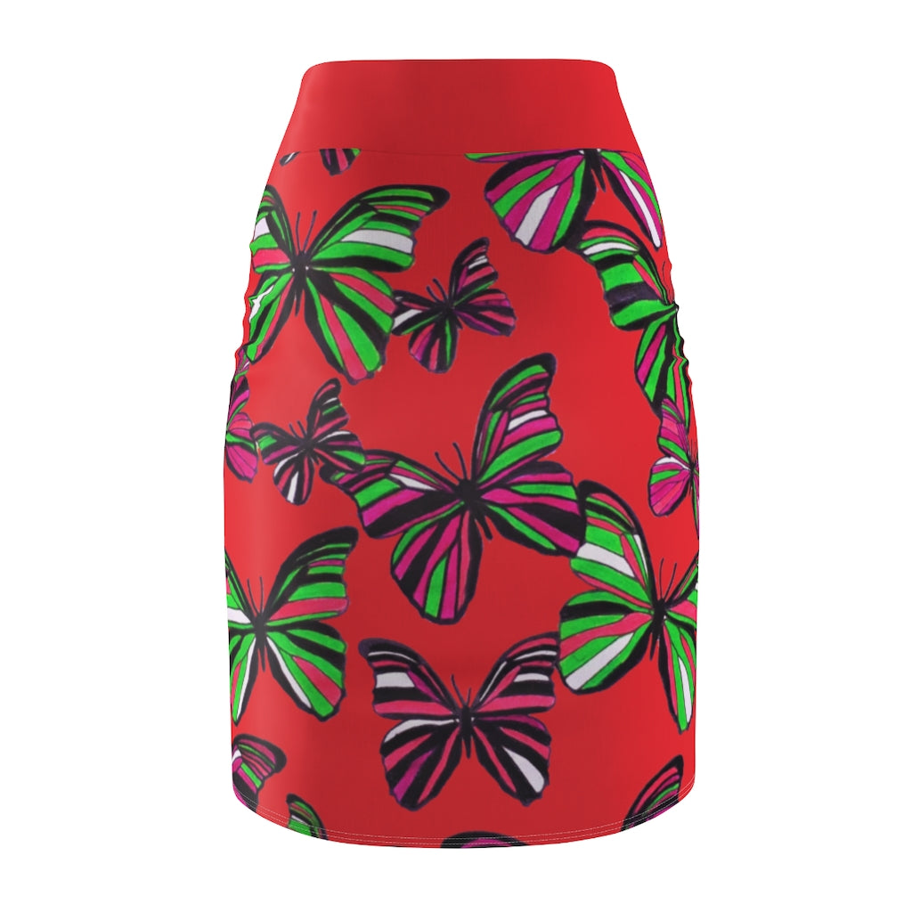 Red Butterflies Pencil Skirt