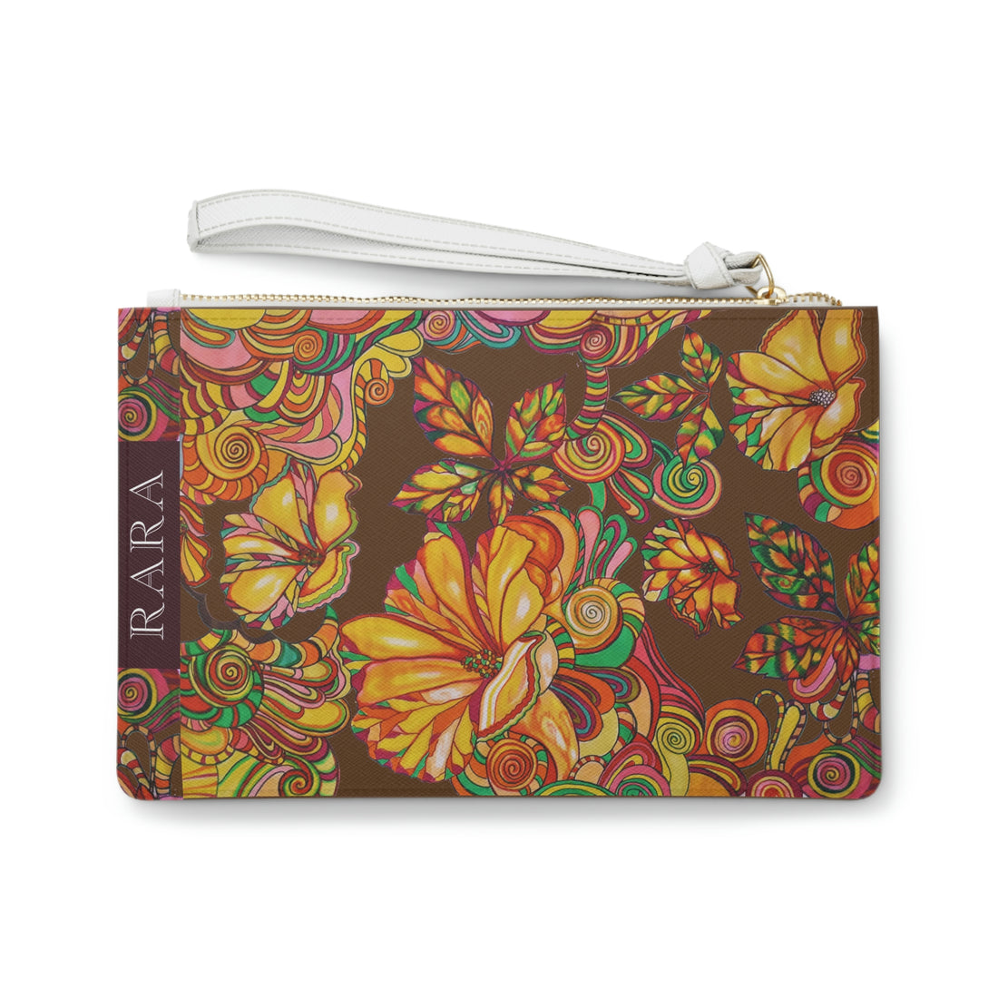 brown floral print clutch bag