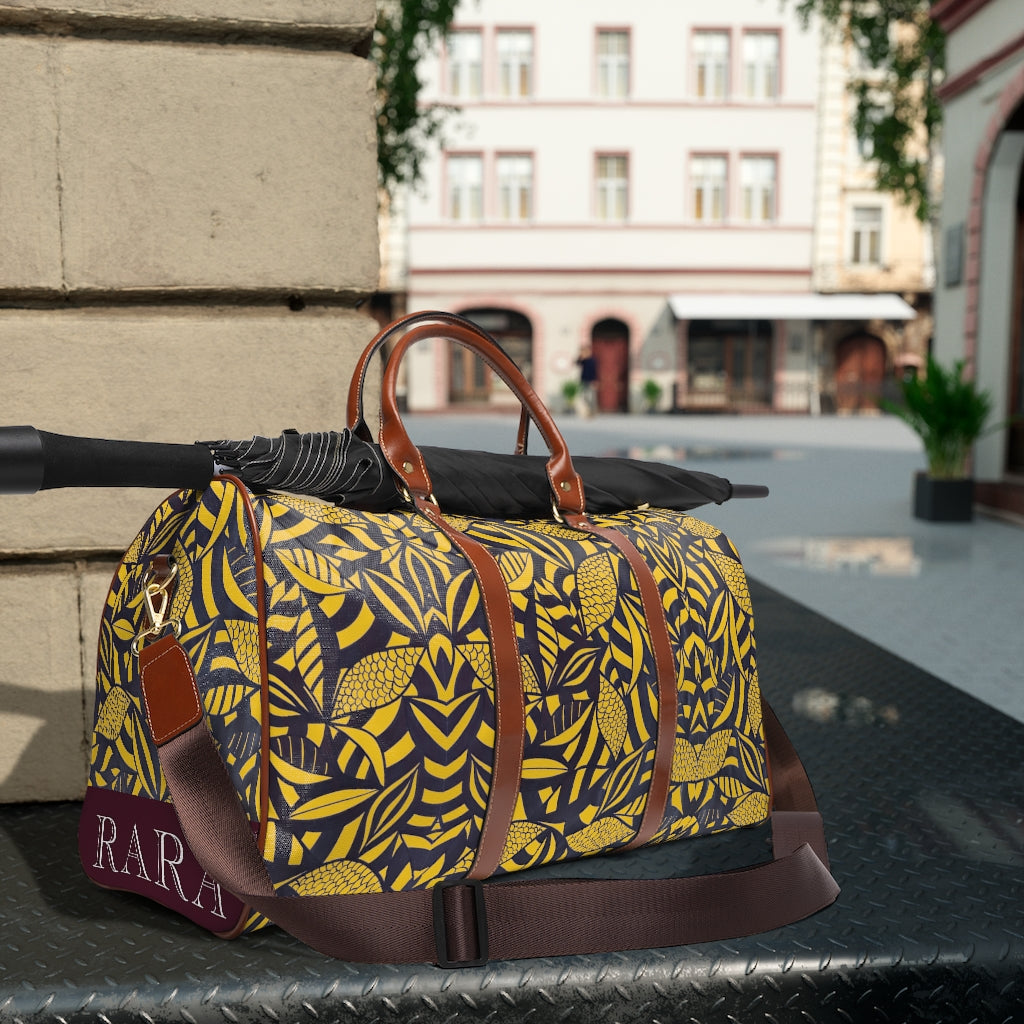 yellow tropical print waterproof duffel bag for travelling