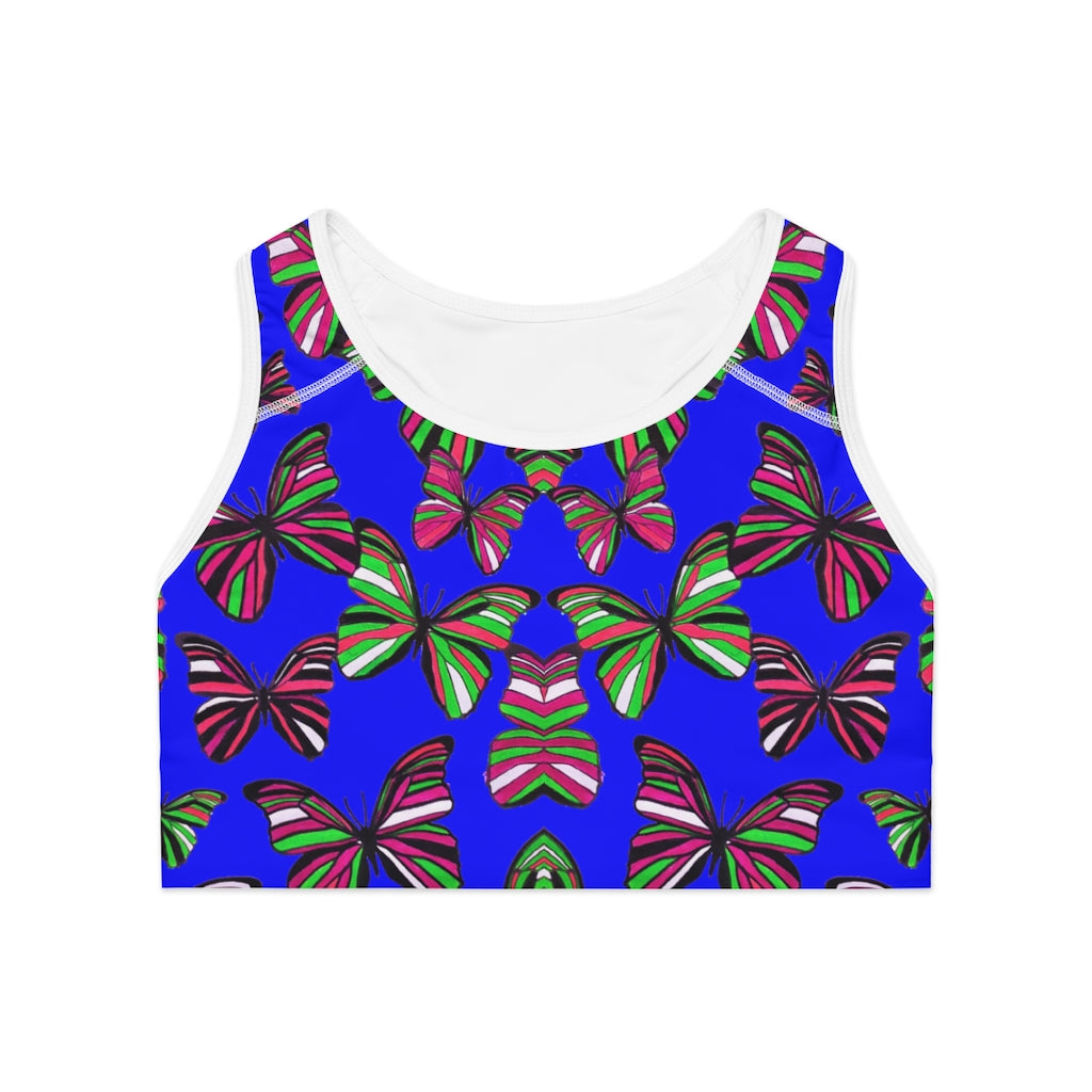 electric blue butterfly print sports bra