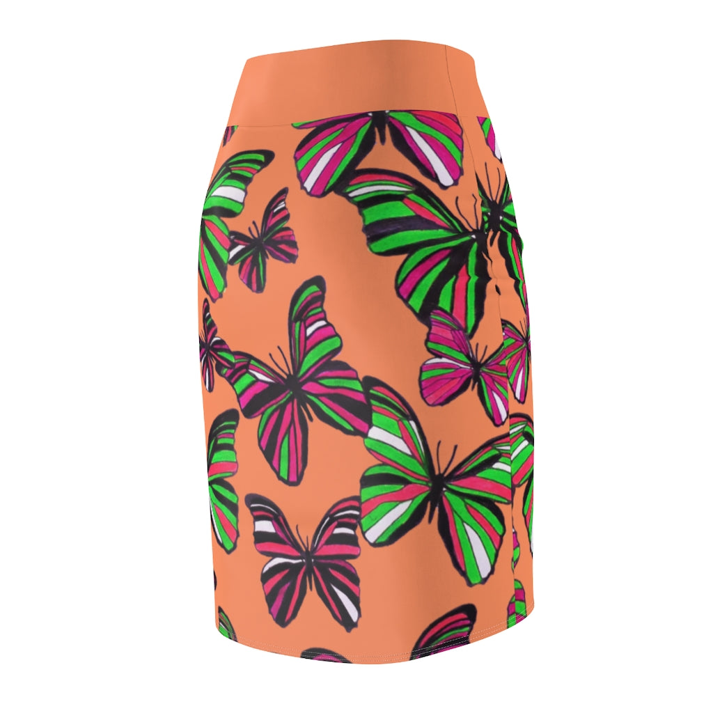 Peachy Coral Butterflies Pencil Skirt