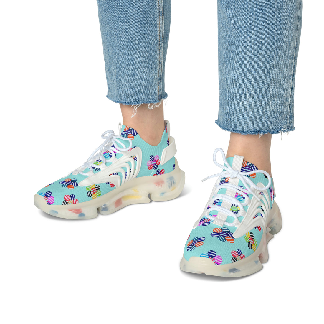 icy blue geometric floral women's mesh knit sneakers