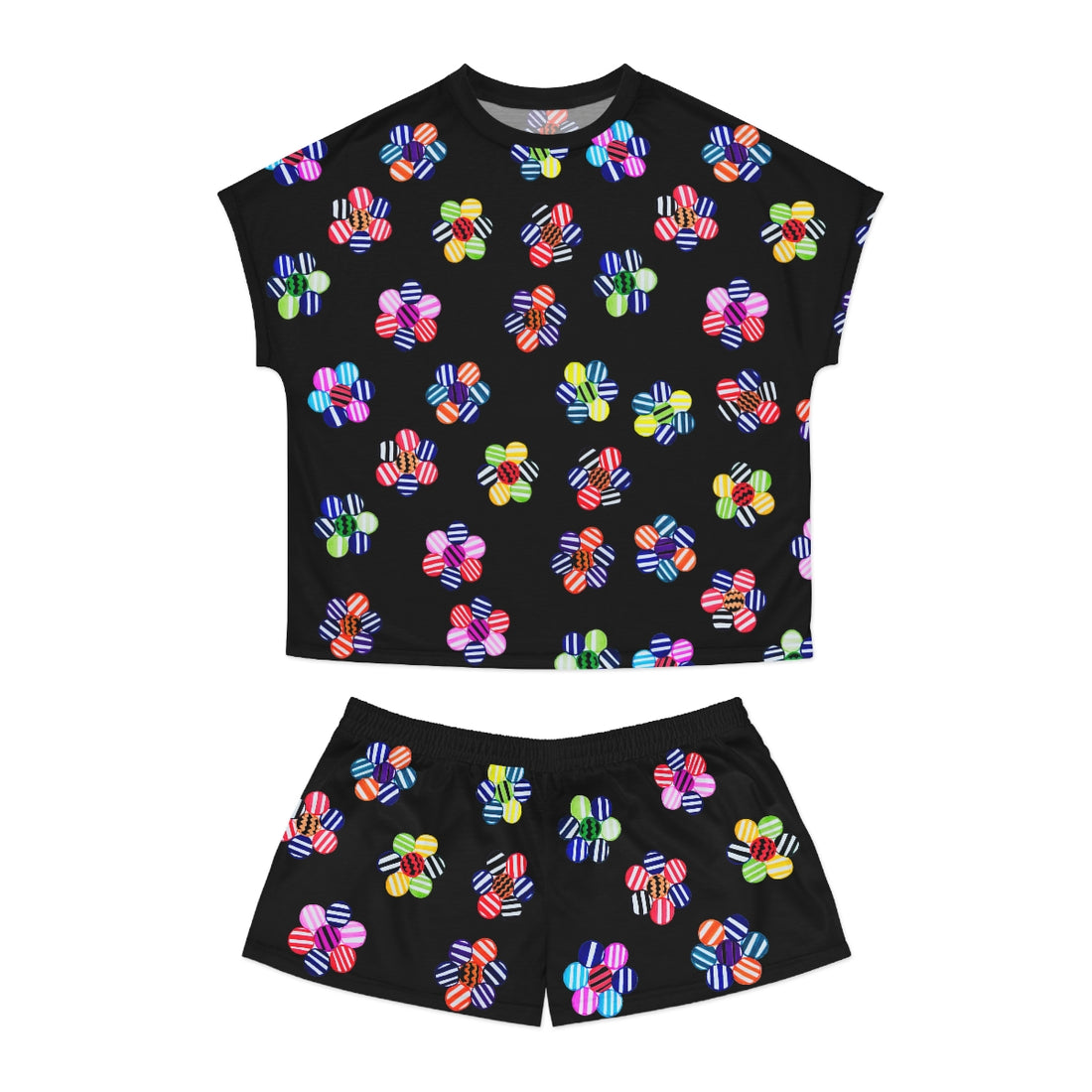 black geometric floral shorts & t-shirt pajama set