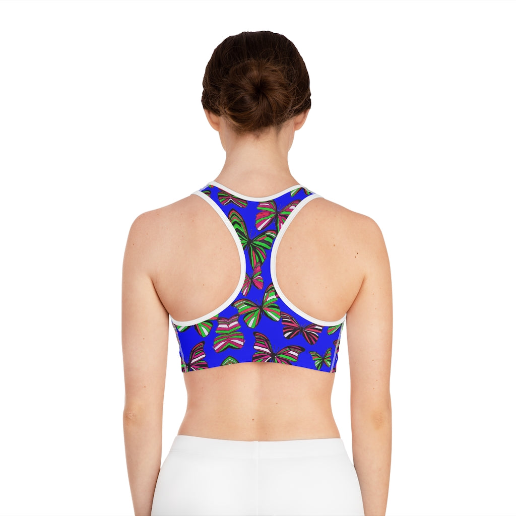 electric blue butterfly print sports bra