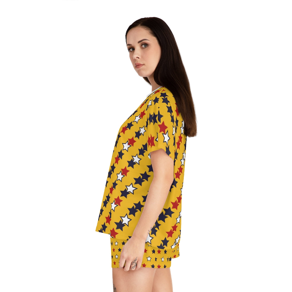 Yellow Star Print Short Pajama Set (AOP)