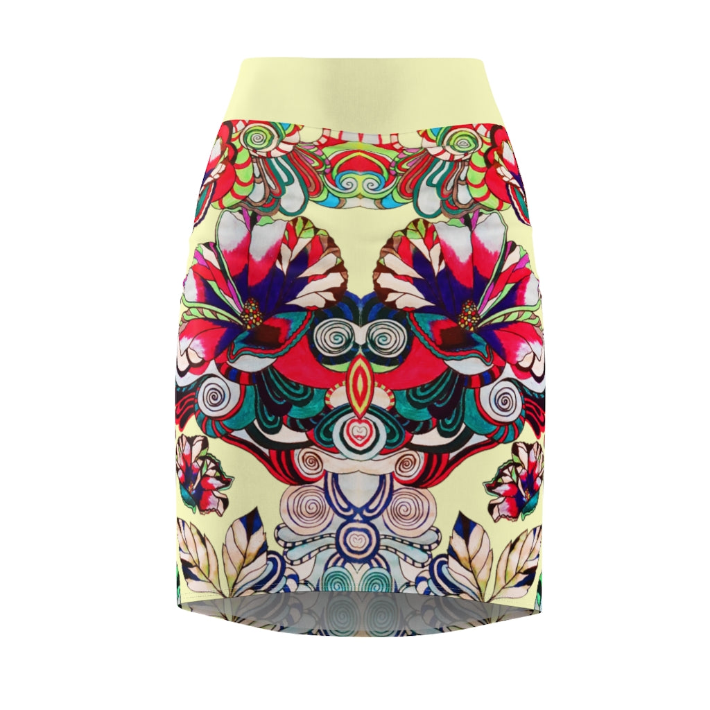 Floral Pop Cream Pencil Skirt